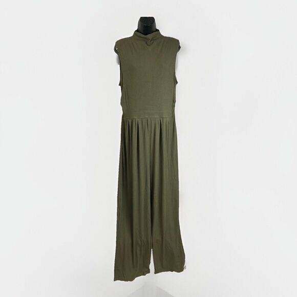 Pretty Garden Womens Olive Green Stretch Ribbed Mock Neck Jumpsuit Wide Leg XL - Picture 2 of 12